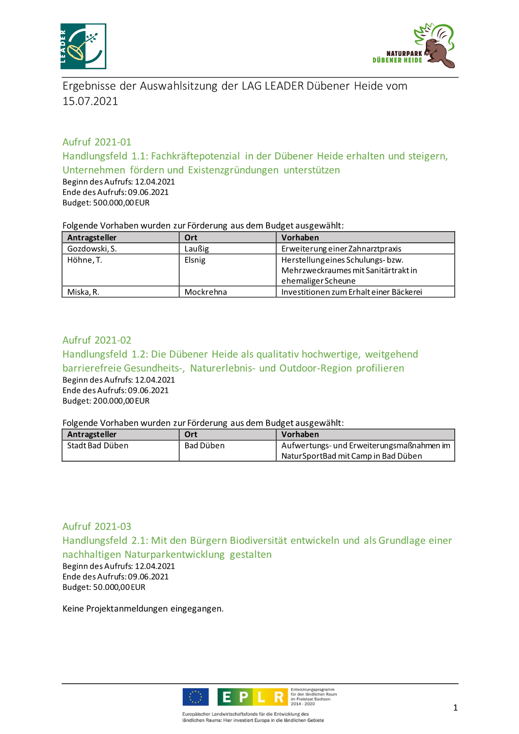 Projektauswahl LEADER Vom 15.07.2021