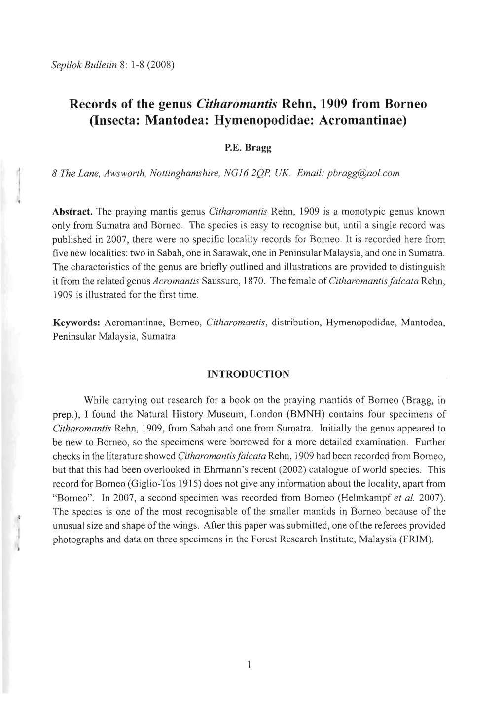 Sepilok Bulletin, 8: 1-8