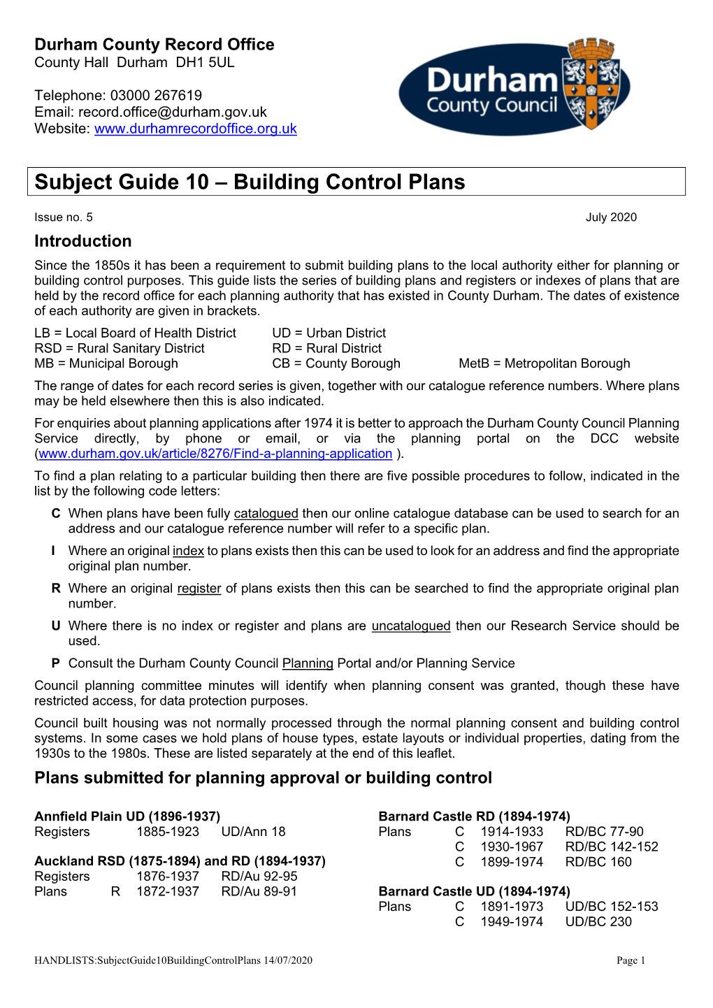 Subject Guide 10 – Building Control Plans