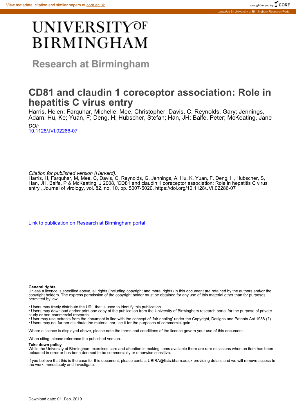 CD81 and Claudin 1 Coreceptor Association: Role in Hepatitis C