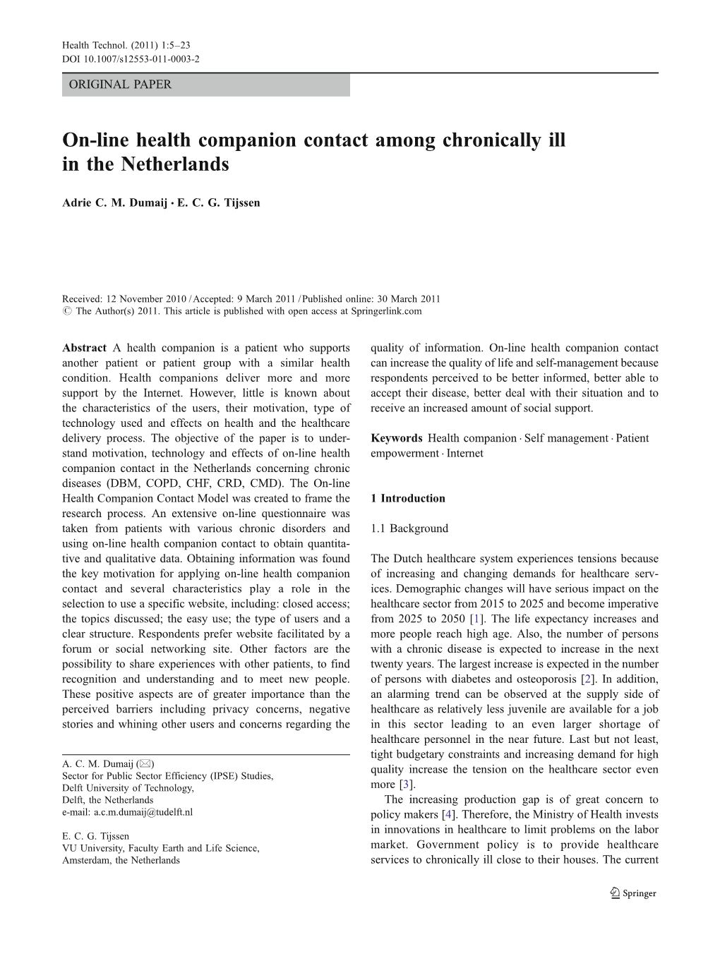 On-Line Health Companion Contact Among Chronically Ill in the Netherlands