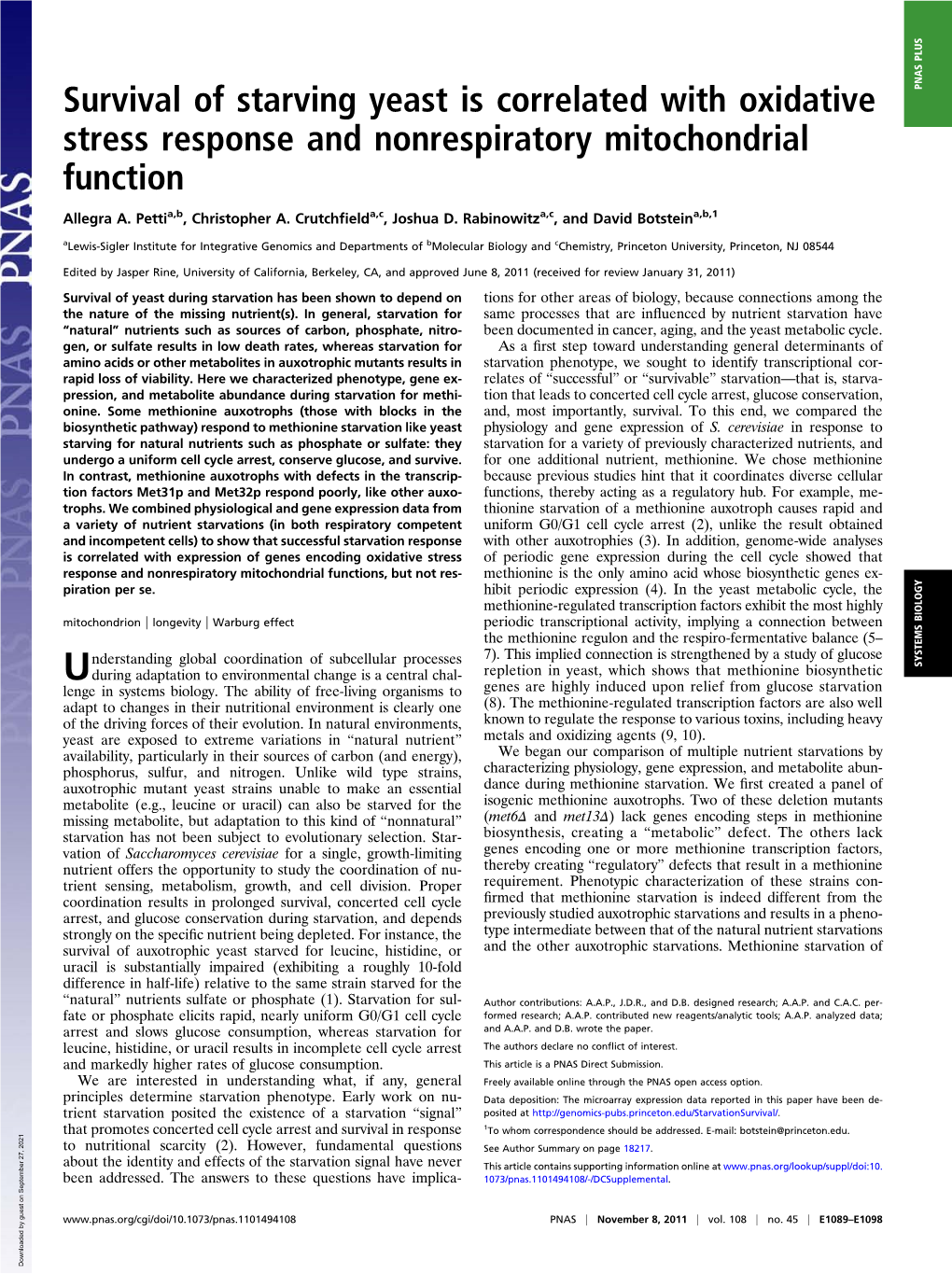 Survival of Starving Yeast Is Correlated with Oxidative Stress Response And