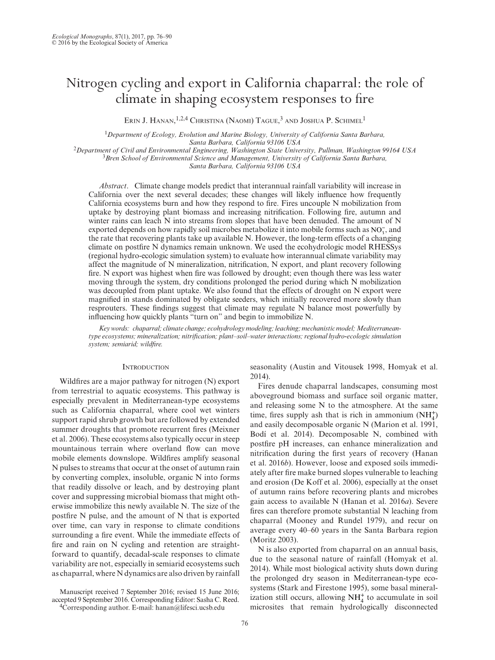 Nitrogen Cycling and Export in California Chaparral: the Role of Climate in Shaping Ecosystem Responses to Fire