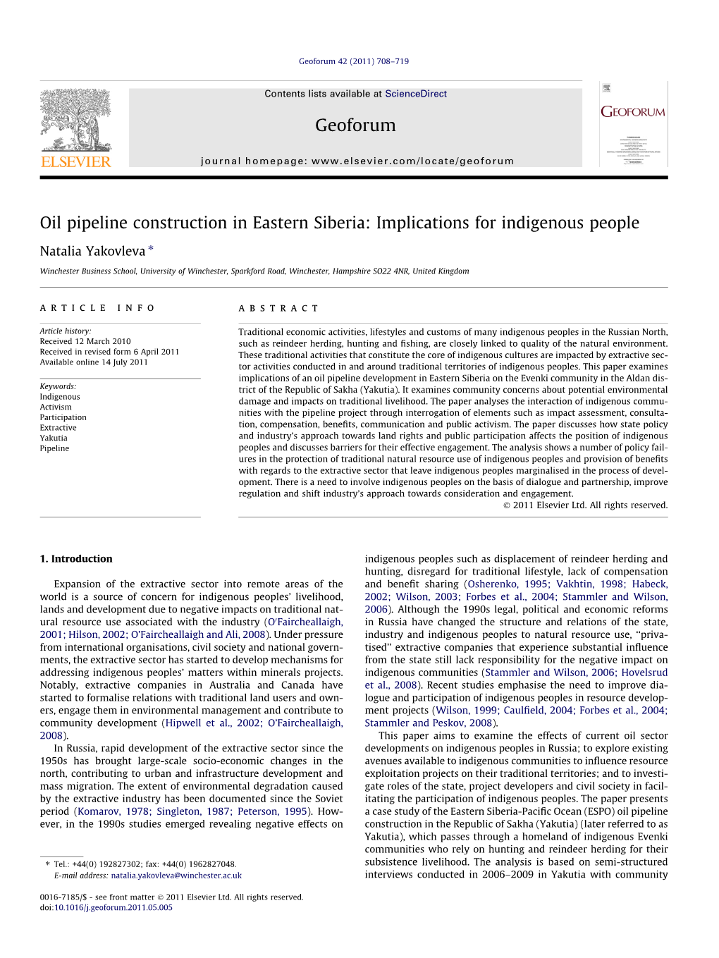 Oil Pipeline Construction in Eastern Siberia: Implications for Indigenous People ⇑ Natalia Yakovleva