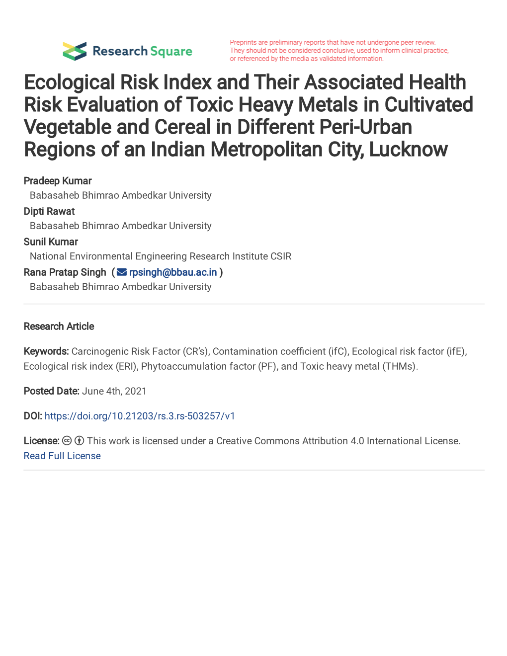 Ecological Risk Index and Their Associated Health