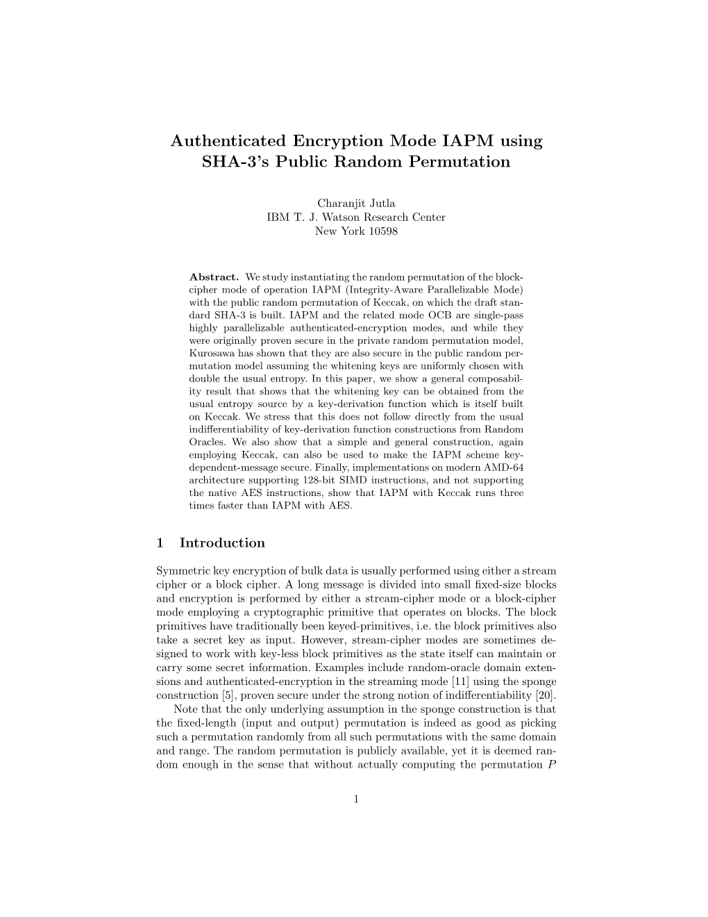 Authenticated Encryption Mode IAPM Using SHA-3'S Public Random