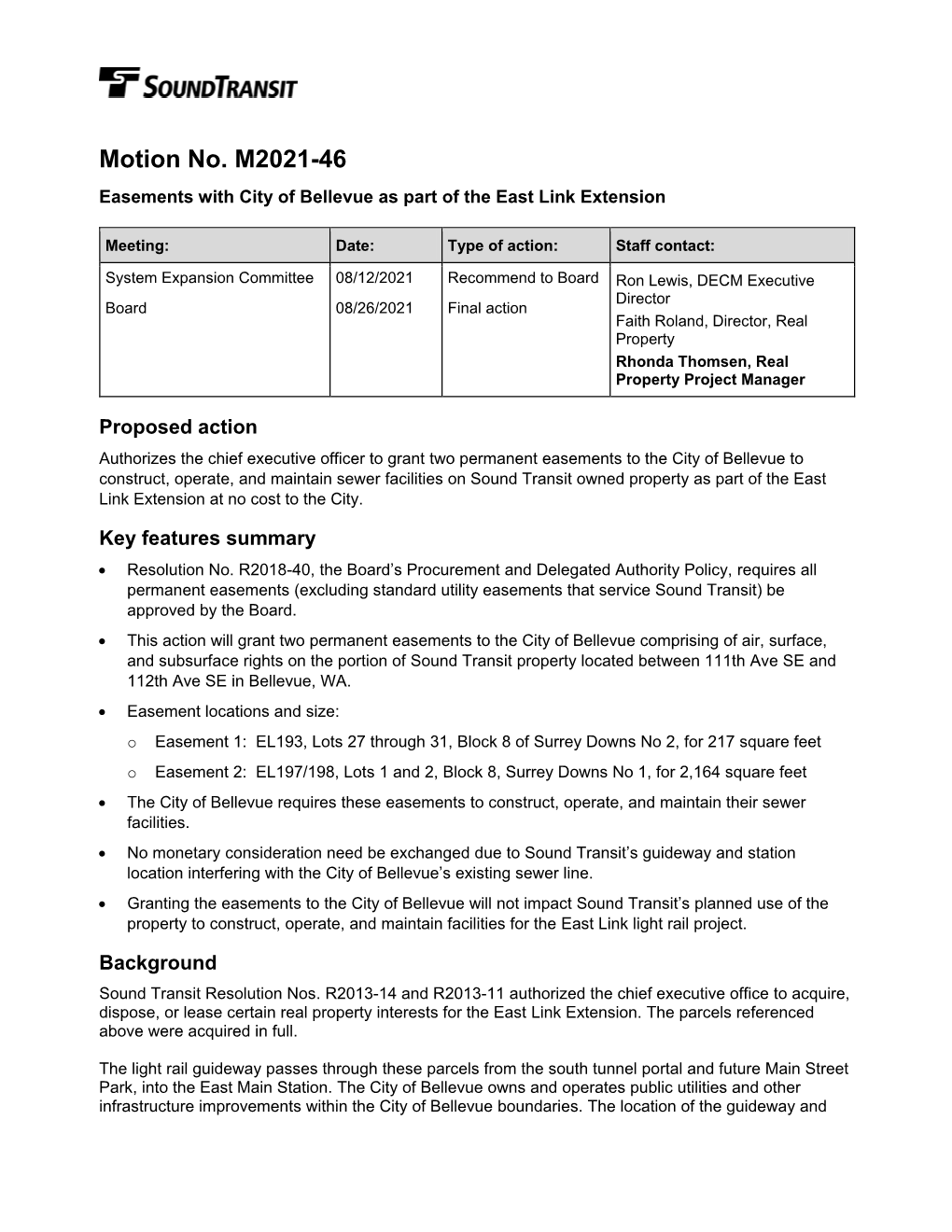 Motion No. M2021-46 Easements with City of Bellevue As Part of the East Link Extension