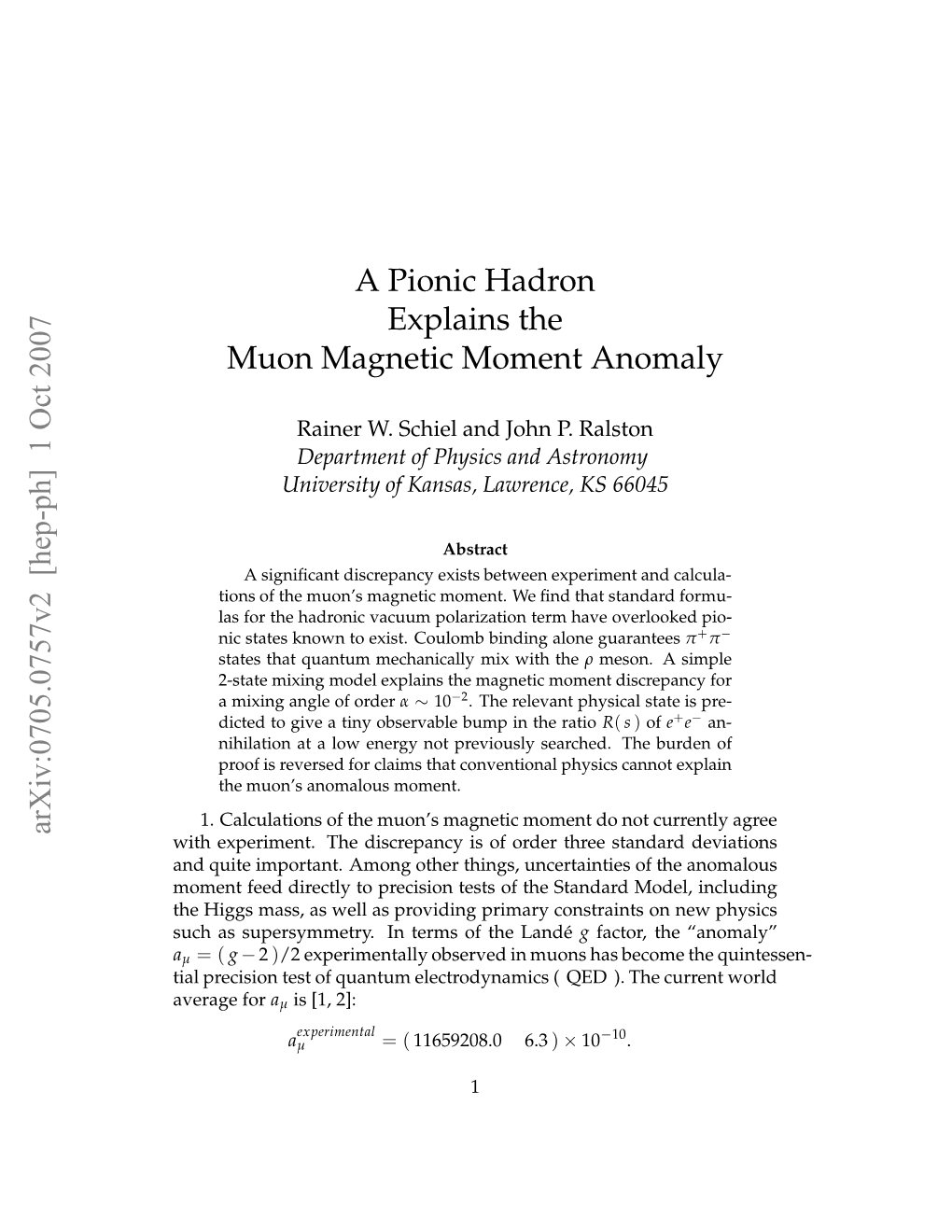 A Pionic Hadron Explains the Muon Magnetic Moment Anomaly