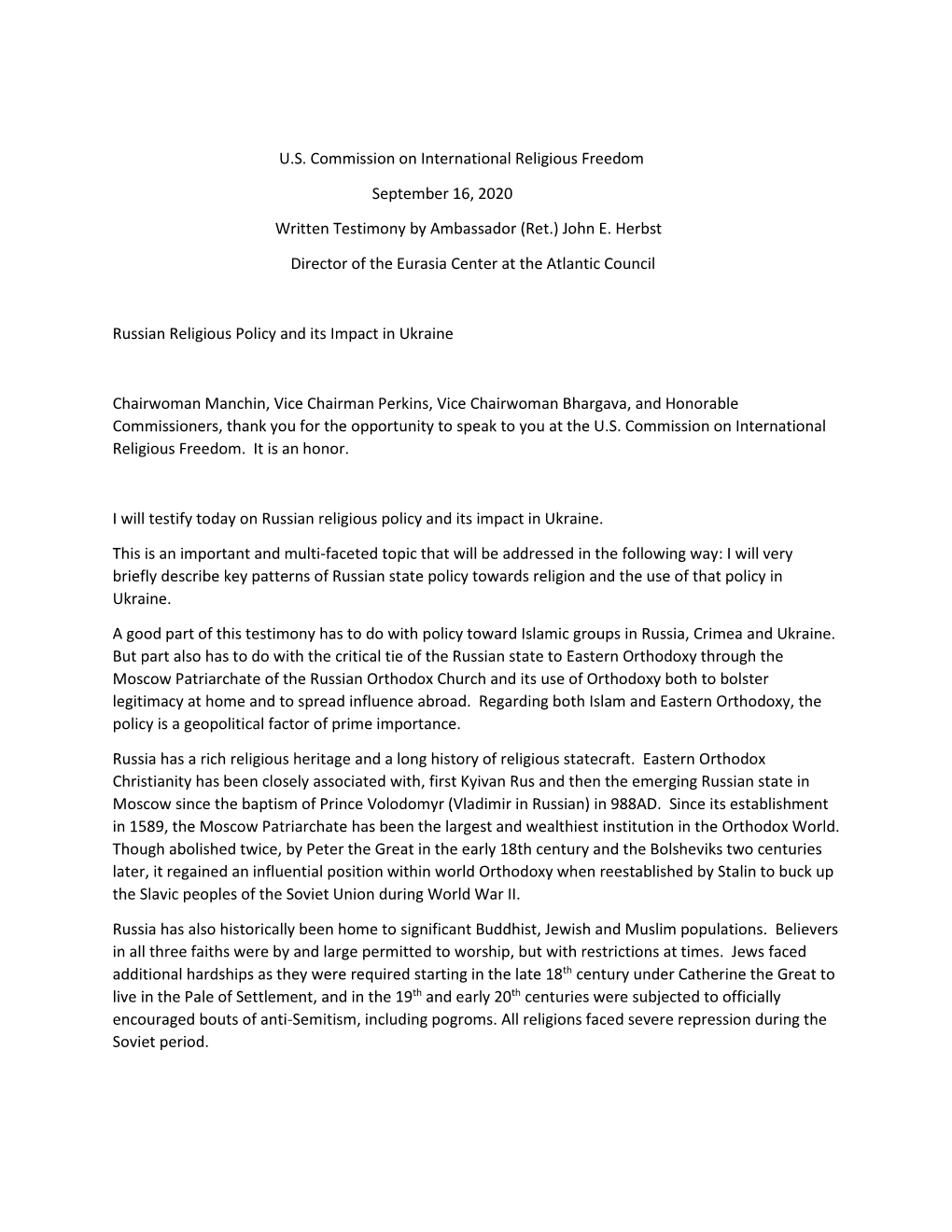 U.S. Commission on International Religious Freedom September 16, 2020 Written Testimony by Ambassador (Ret.) John E. Herbst