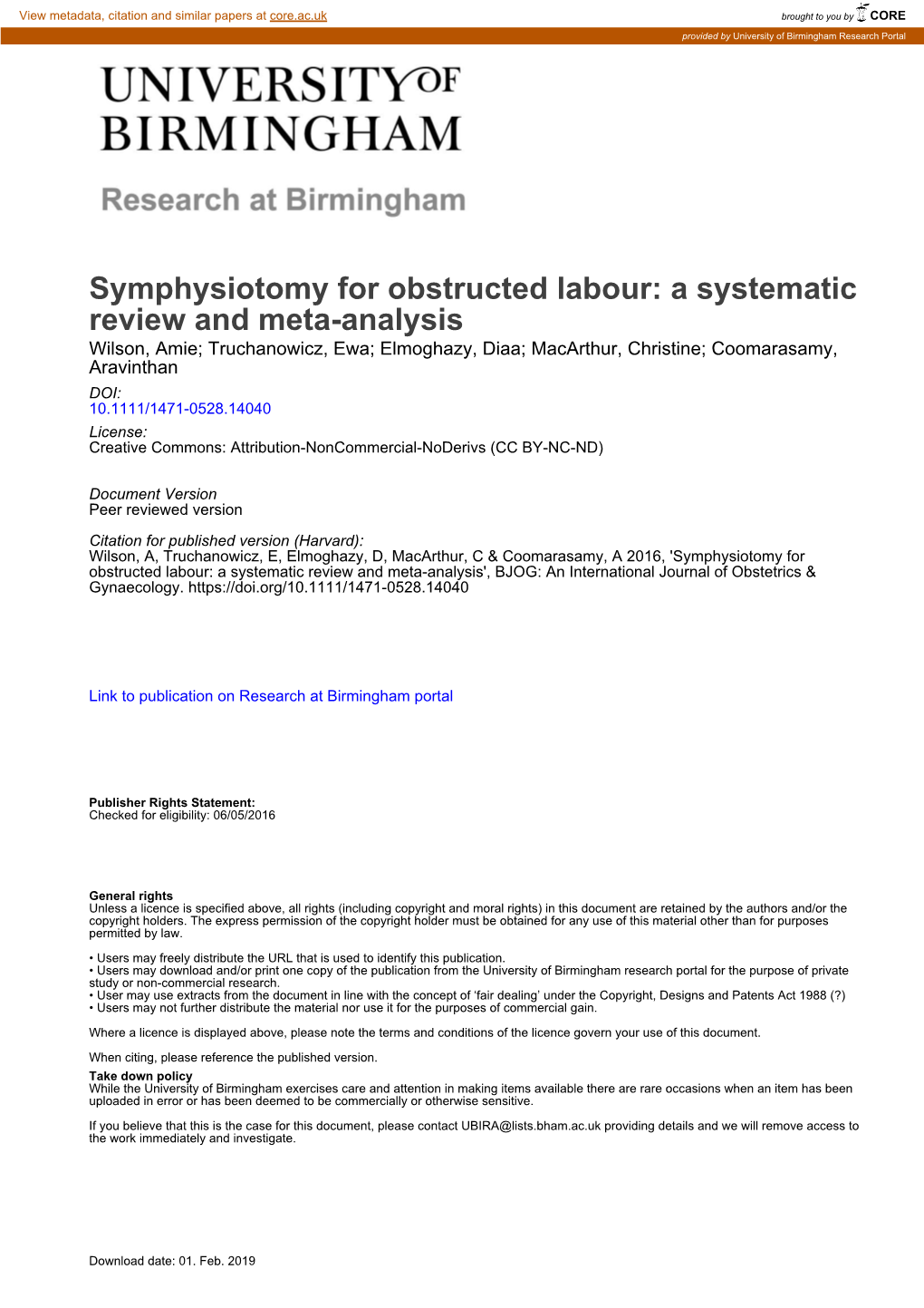 Symphysiotomy for Obstructed Labour