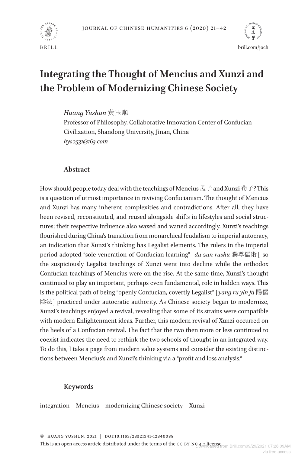 Integrating the Thought of Mencius and Xunzi and the Problem of Modernizing Chinese Society