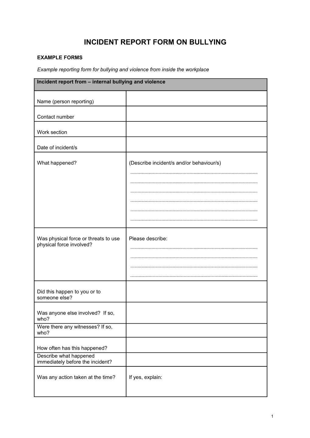 Incident Report Form On Bullying