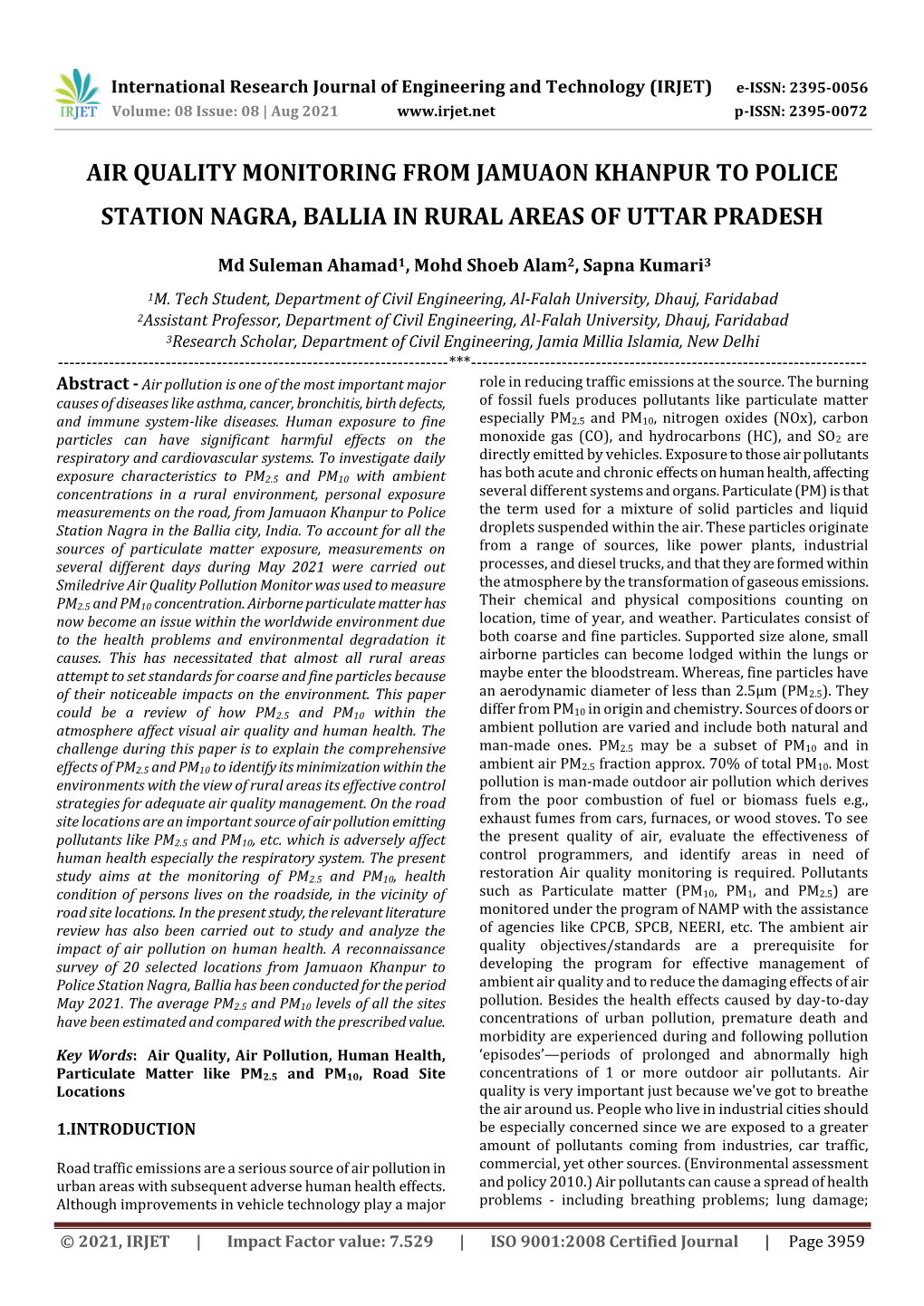 Air Quality Monitoring from Jamuaon Khanpur to Police Station Nagra, Ballia in Rural Areas of Uttar Pradesh