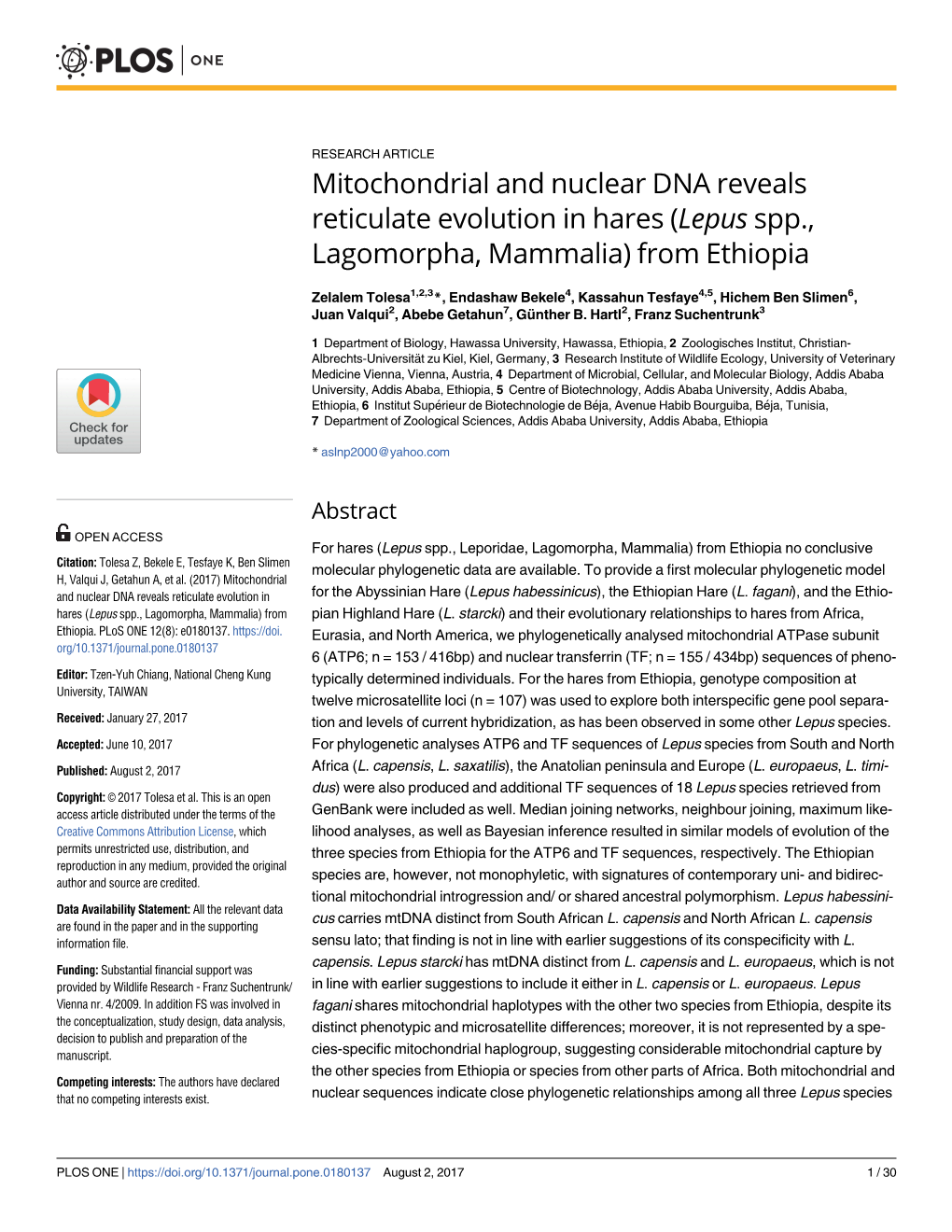 Mitochondrial and Nuclear DNA Reveals Reticulate Evolution in Hares (Lepus Spp., Lagomorpha, Mammalia) from Ethiopia