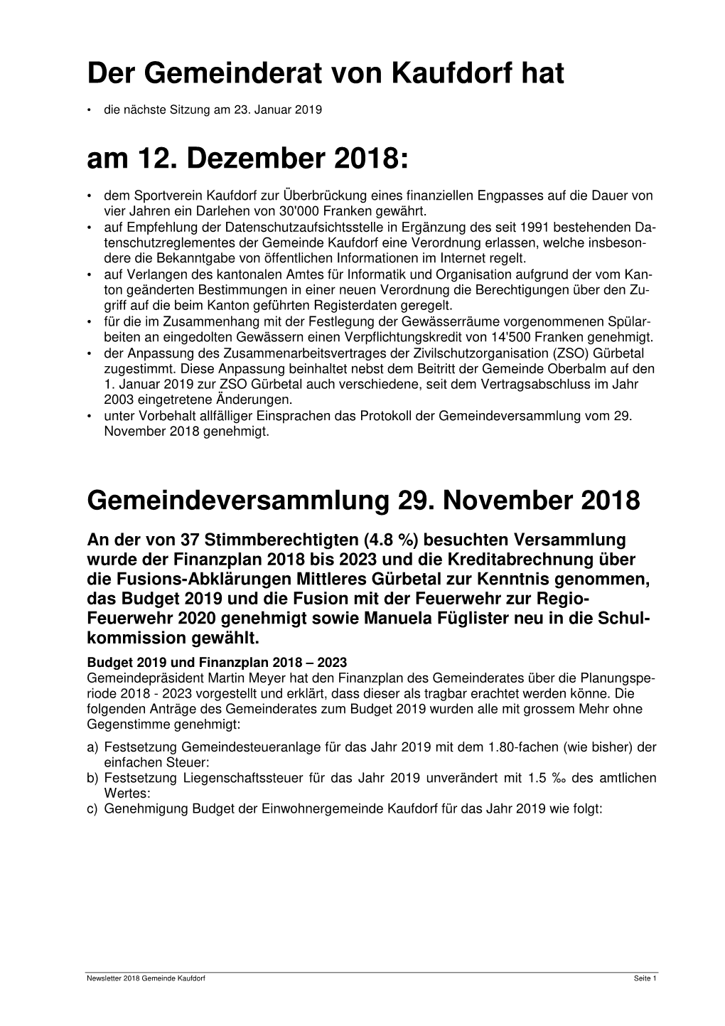 Newsletter 2018 Gemeinde Kaufdorf Seite 1