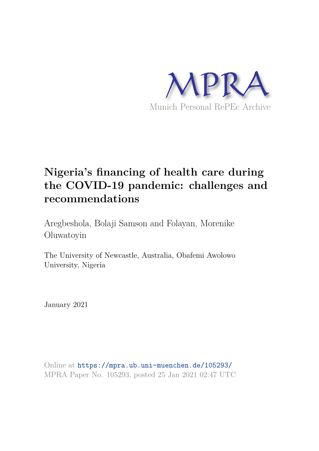 Nigeria's Financing of Health Care During the COVID-19 Pandemic