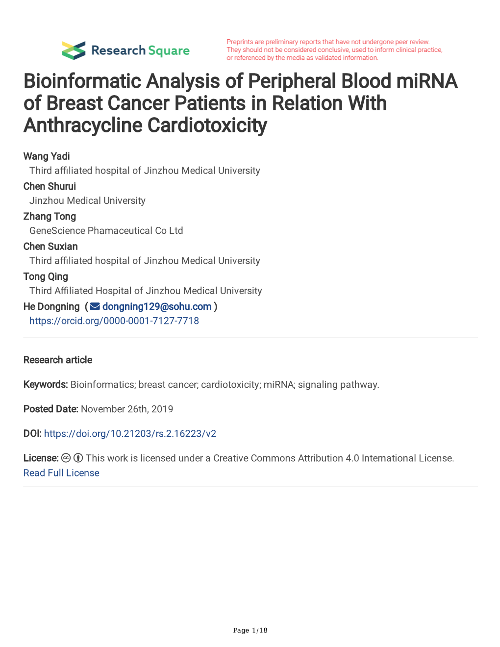 Bioinformatic Analysis of Peripheral Blood Mirna of Breast Cancer Patients in Relation with Anthracycline Cardiotoxicity