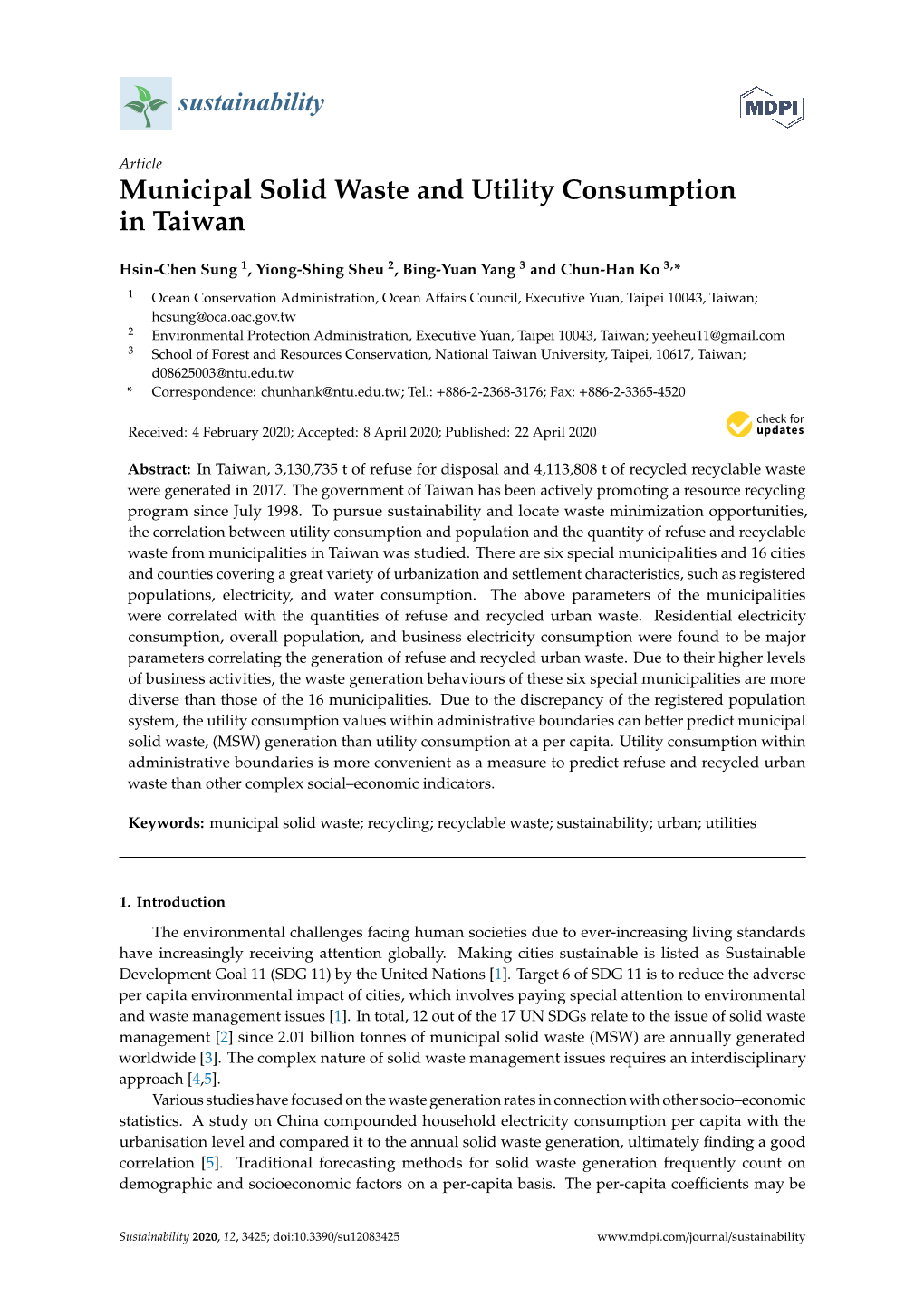 Municipal Solid Waste and Utility Consumption in Taiwan