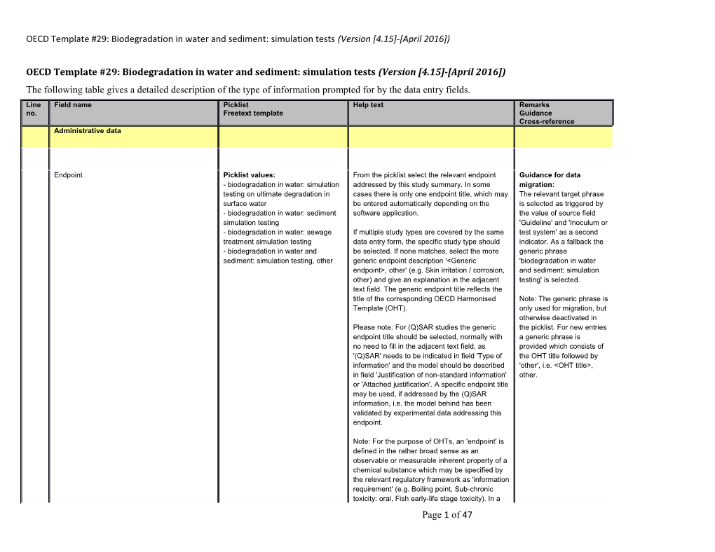 OECD Template #29: Biodegradation in Water and Sediment: Simulation Tests (Version 4.15