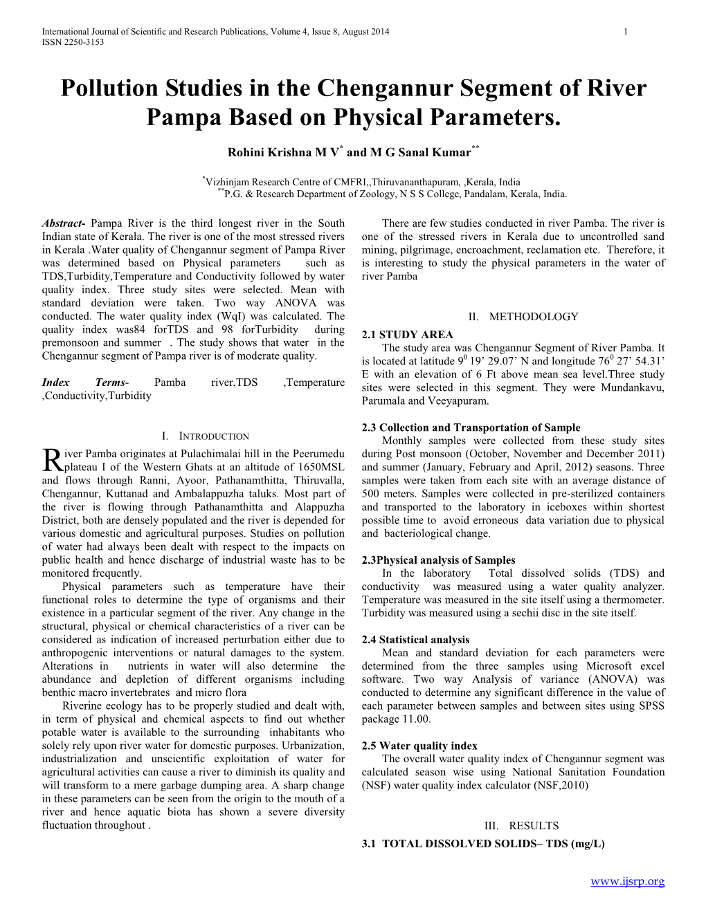 Pollution Studies in the Chengannur Segment of River Pampa Based on Physical Parameters