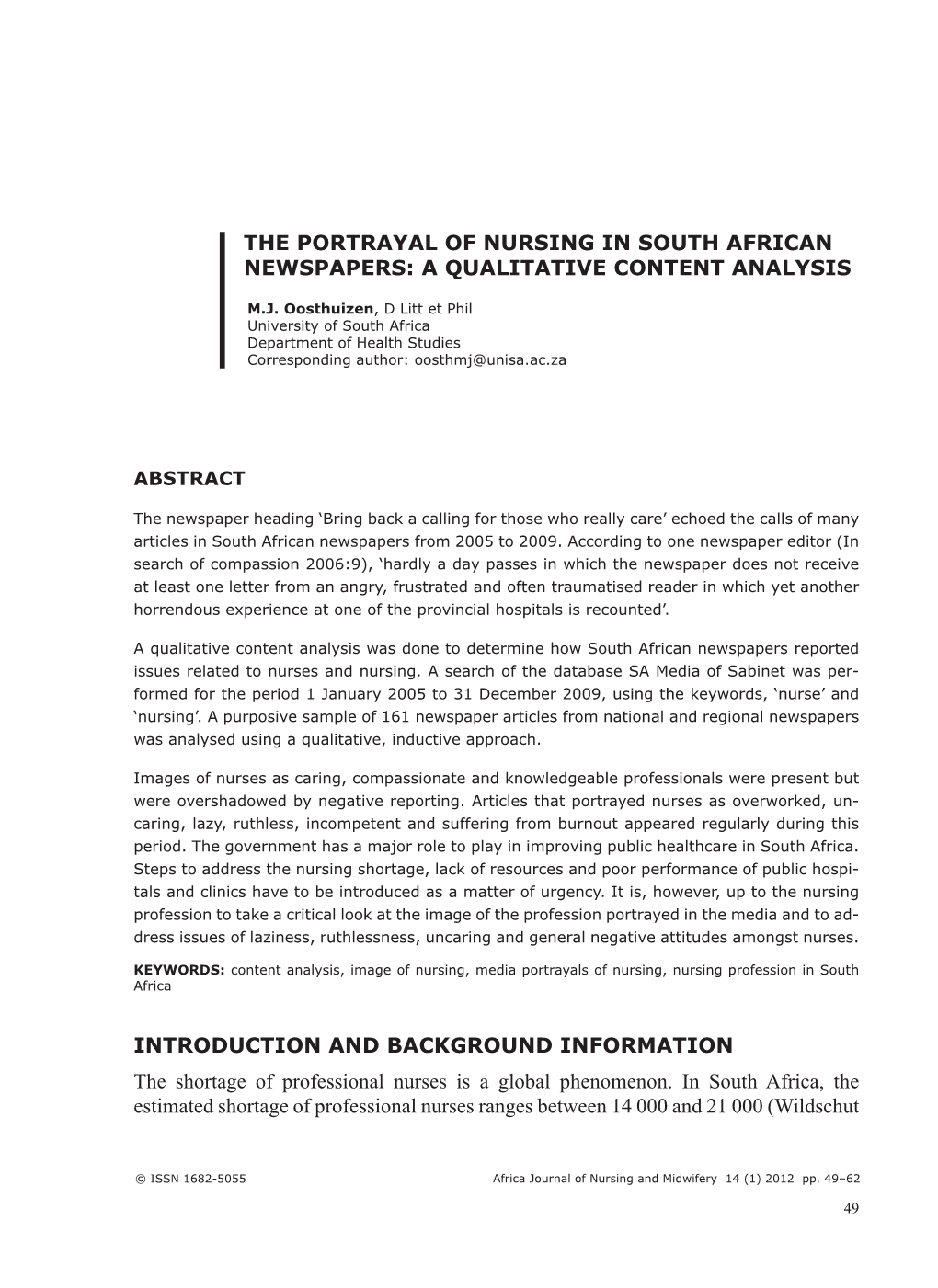 The Portrayal of Nursing in South African Newspapers: a Qualitative Content Analysis