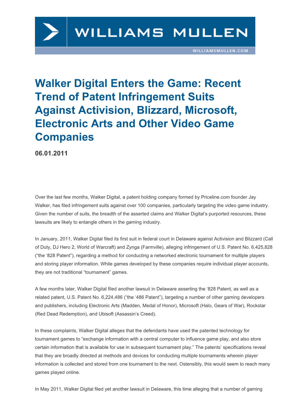 Recent Trend of Patent Infringement Suits Against Activision, Blizzard, Microsoft, Electronic Arts and Other Video Game Companies
