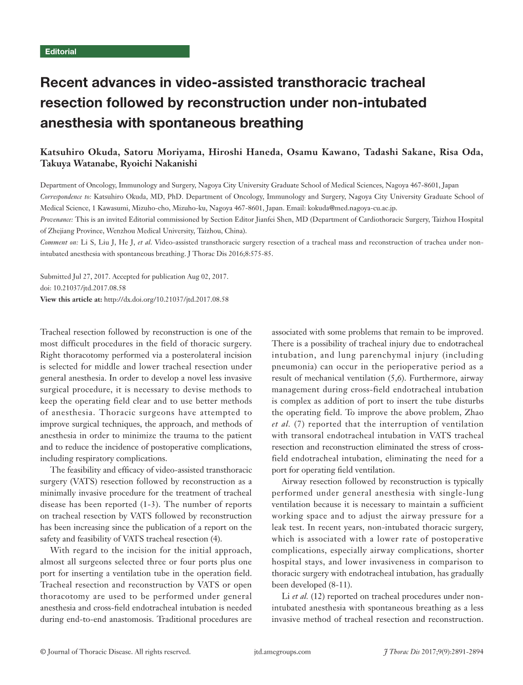 Recent Advances in Video-Assisted Transthoracic Tracheal Resection Followed by Reconstruction Under Non-Intubated Anesthesia with Spontaneous Breathing