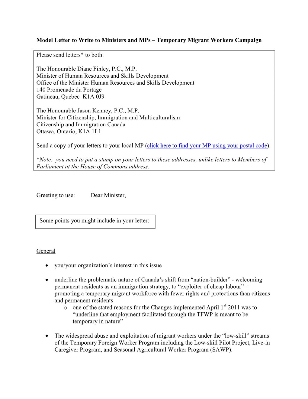 Model Letter to Write to Ministers and Mps – Temporary Migrant Workers Campaign Please Send Letters* to Both