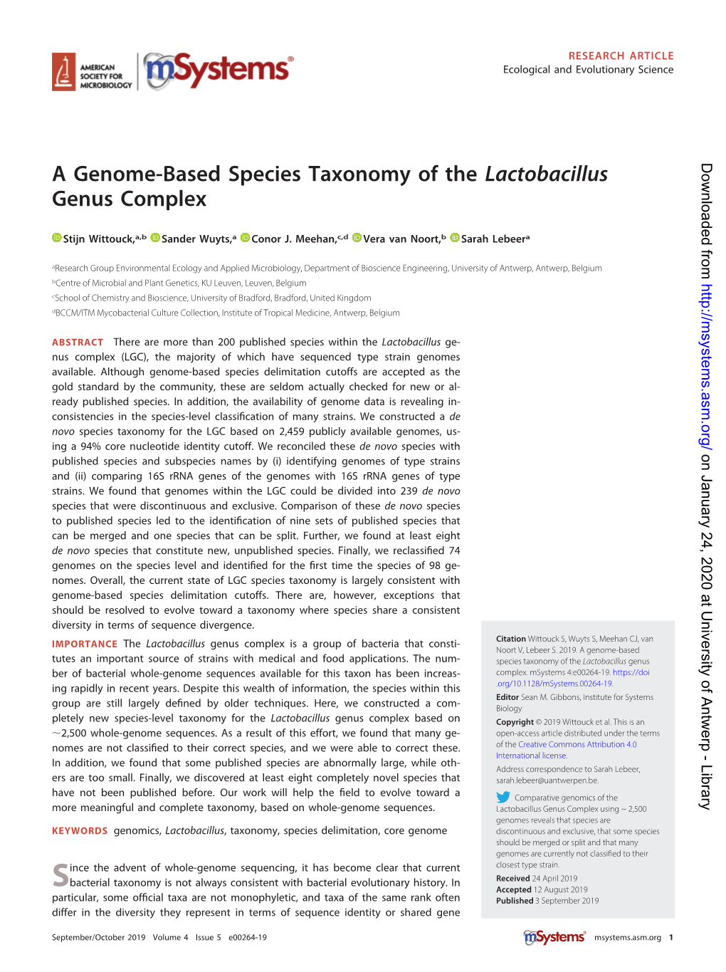 A Genome-Based Species Taxonomy of the Lactobacillus Genus Complex