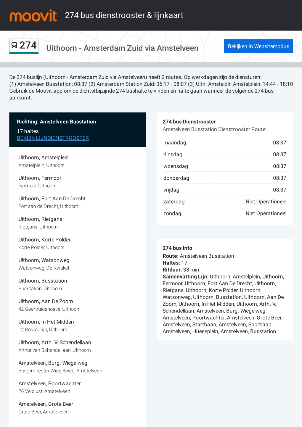 274 Bus Dienstrooster & Lijnroutekaart