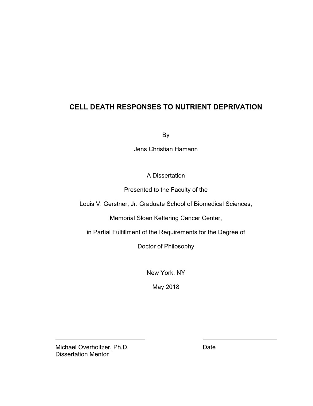 Cell Death Responses to Nutrient Deprivation (2018)