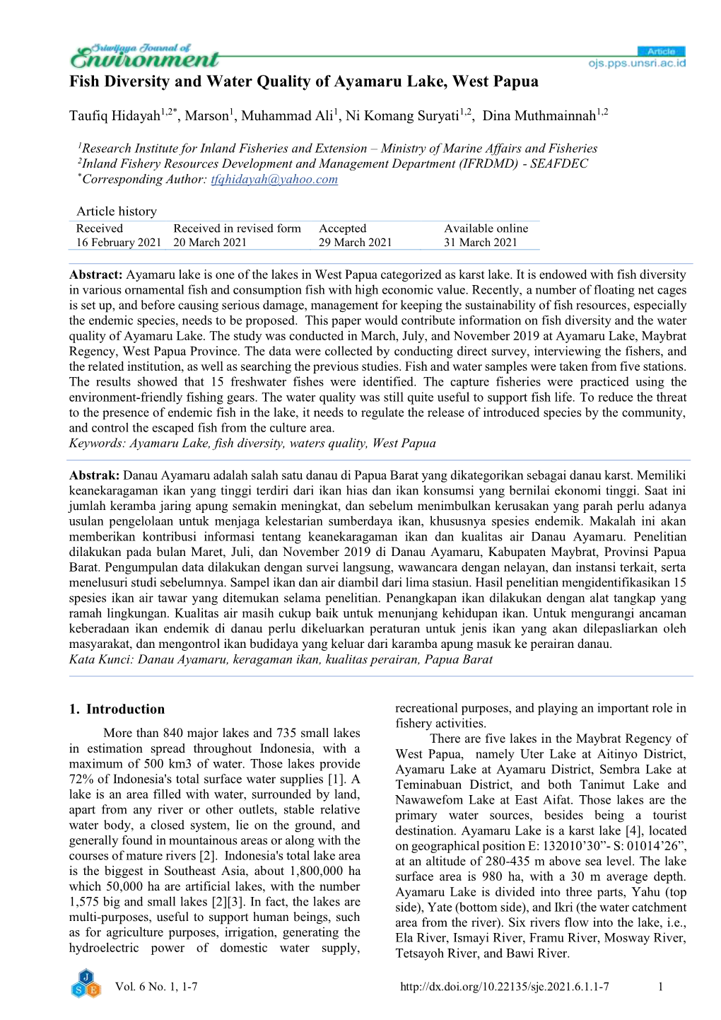 Fish Diversity and Water Quality of Ayamaru Lake, West Papua