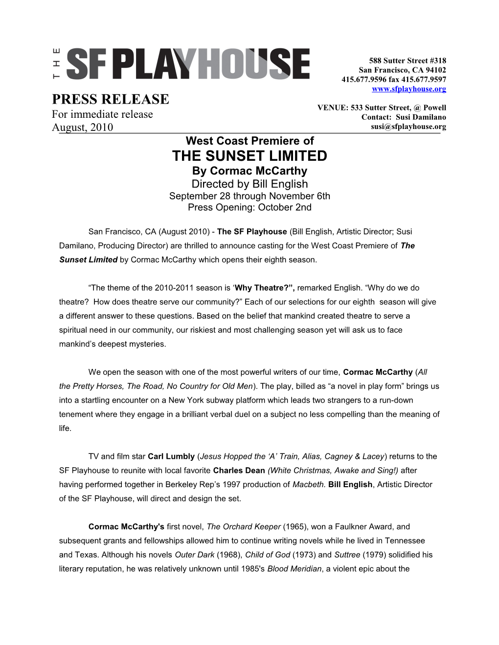 The Sunset Limited Press Release