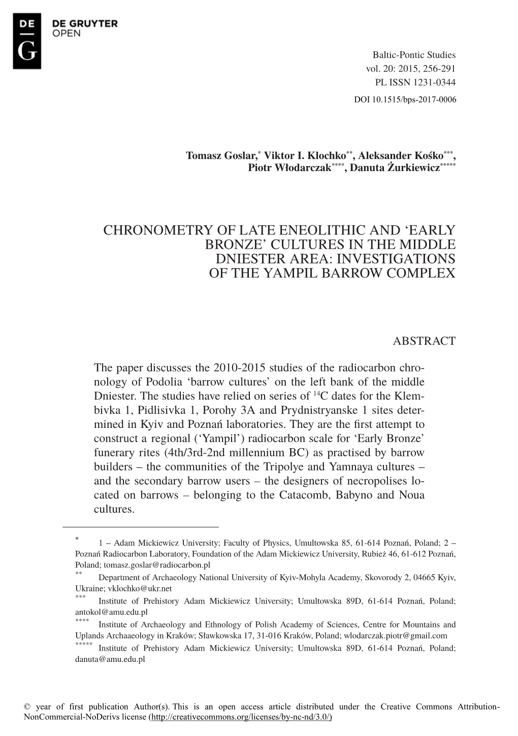 Chronometry of Late Eneolithic and 'Early Bronze' Cultures In