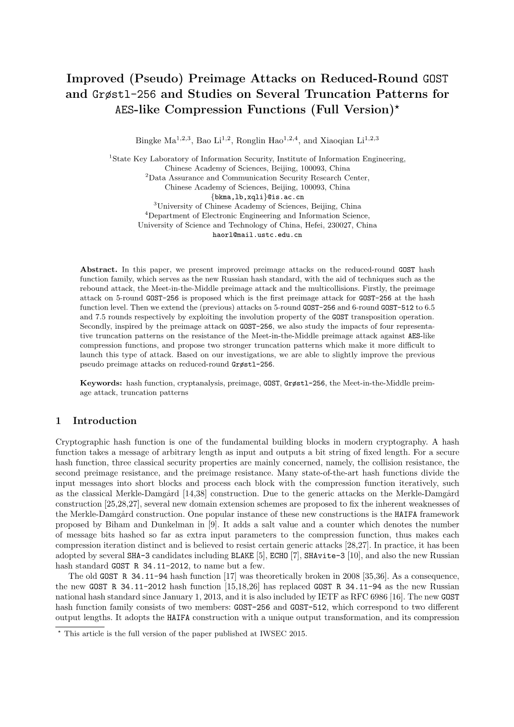 Preimage Attacks on Reduced-Round GOST and Grøstl-256 and Studies on Several Truncation Patterns for AES-Like Compression Functions (Full Version)?