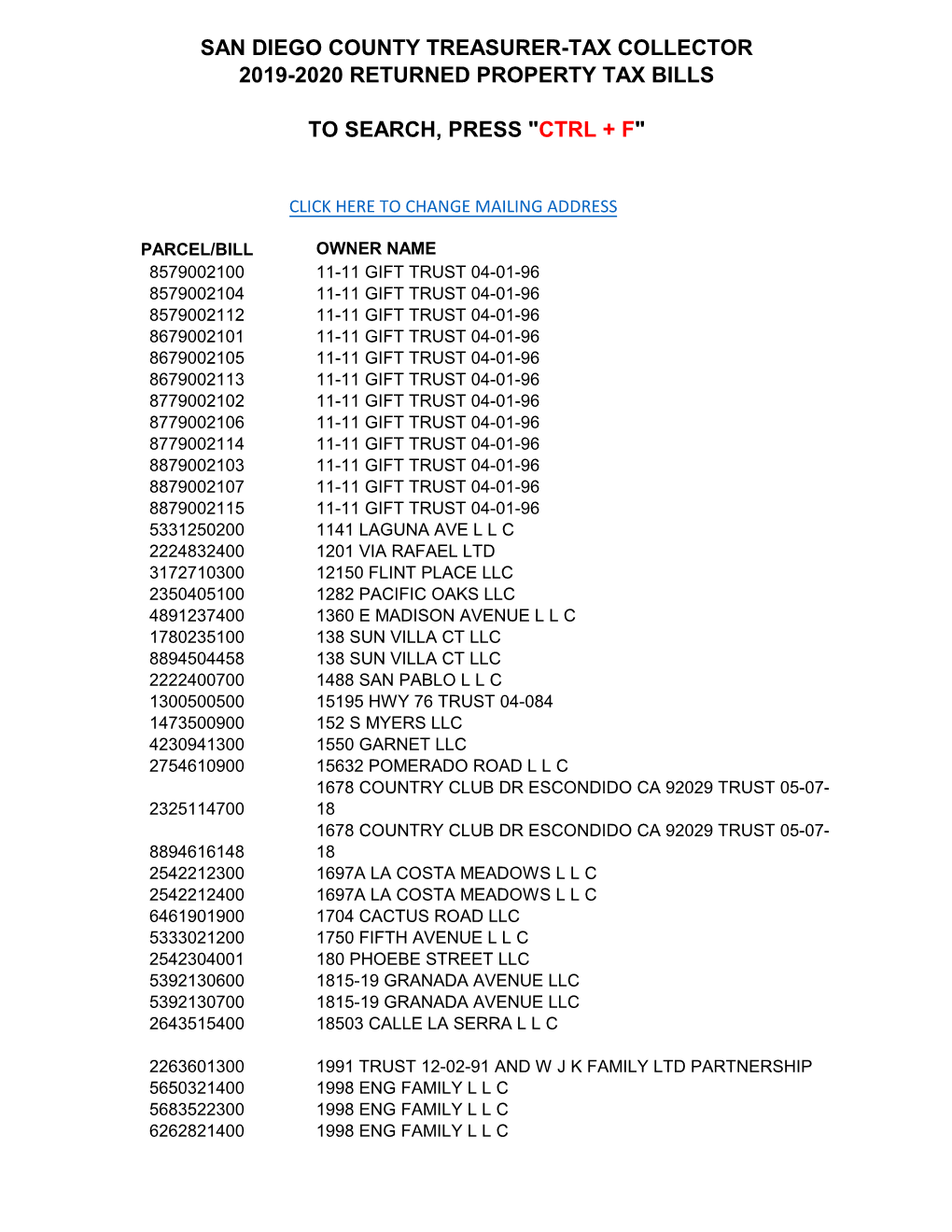 San Diego County Treasurer-Tax Collector 2019-2020 Returned Property Tax Bills