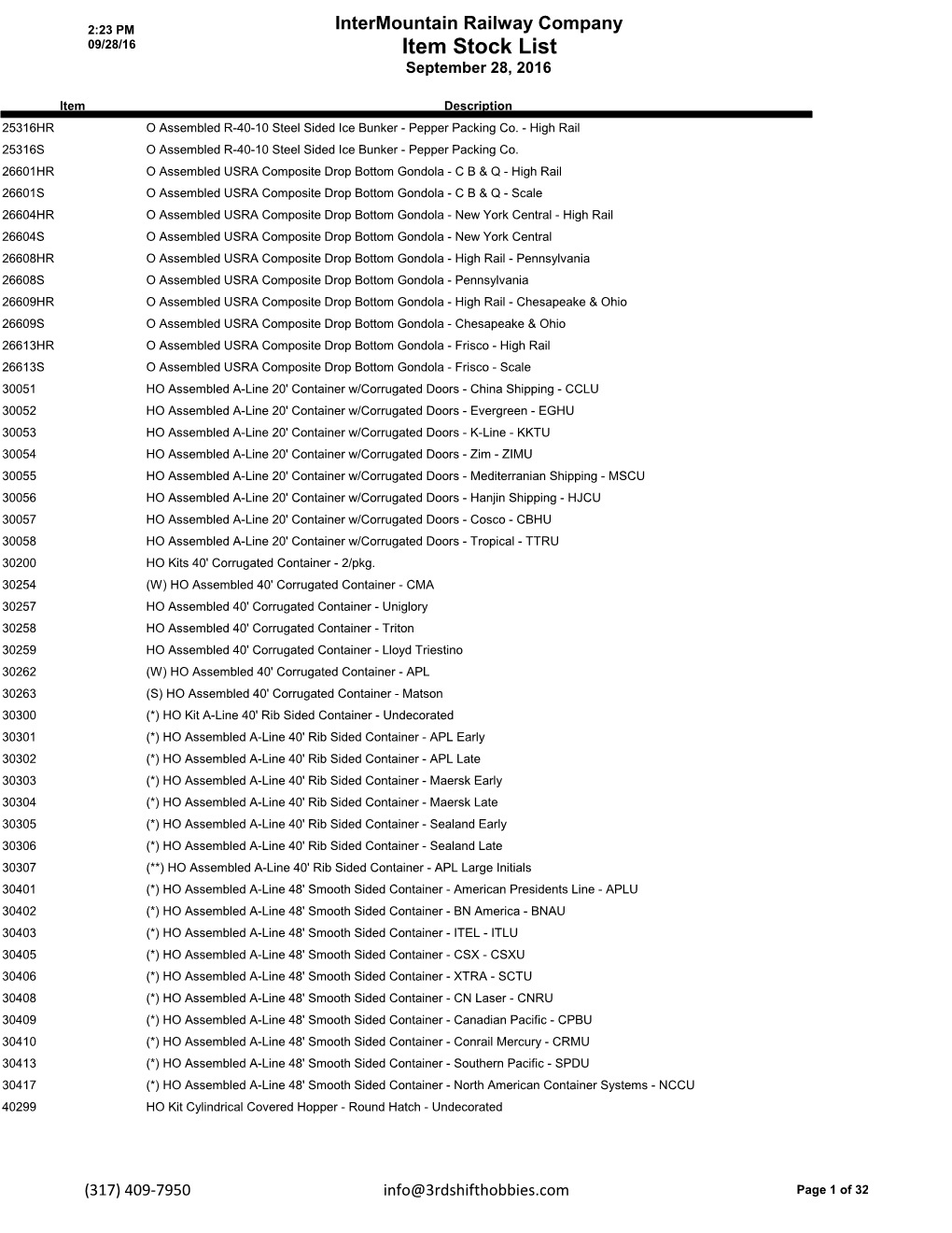 Intermountain Railway Company 09/28/16 Item Stock List