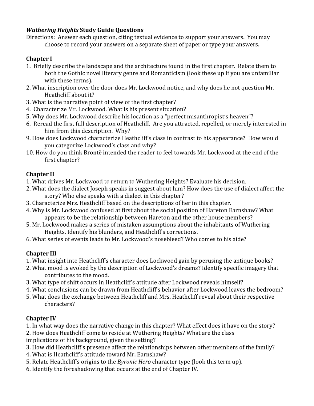 Wuthering Heights Study Guide Questions Directions: Answer Each Question, Citing Textual Evidence to Support Your Answers