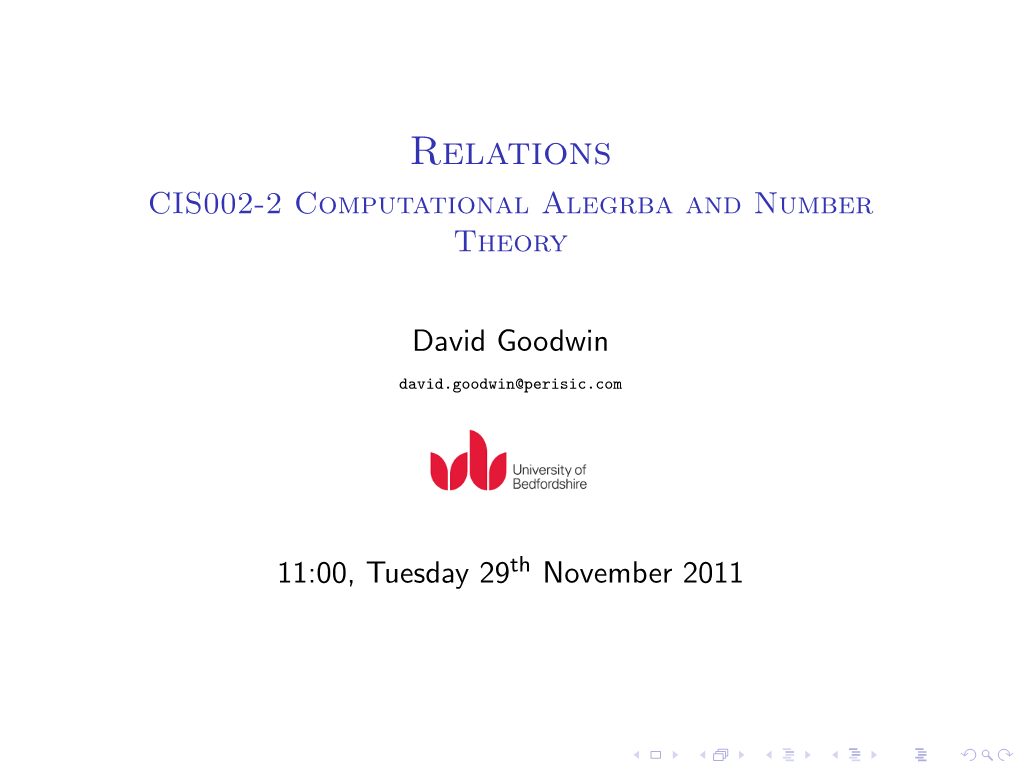 Relations CIS002-2 Computational Alegrba and Number Theory