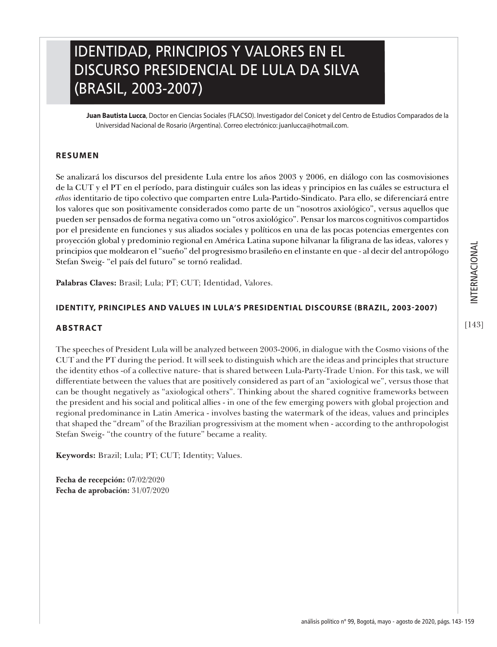 Identidad, Principios Y Valores En El Discurso Presidencial De Lula Da Silva (Brasil, 2003-2007)