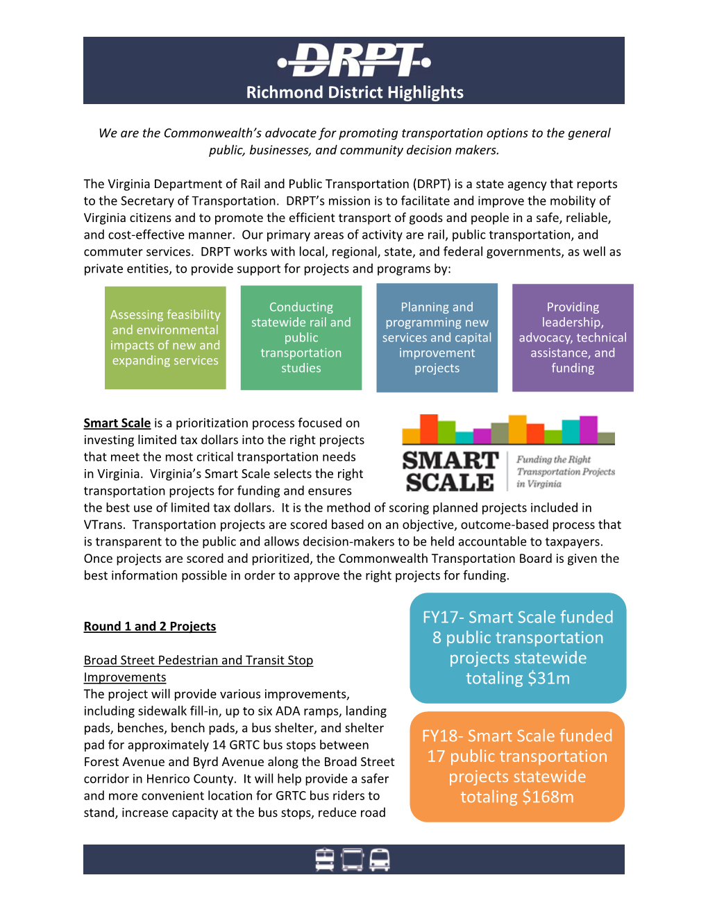 Richmond District Highlights FY17- Smart Scale Funded 8 Public Transportation Projects Statewide Totaling $31M FY18