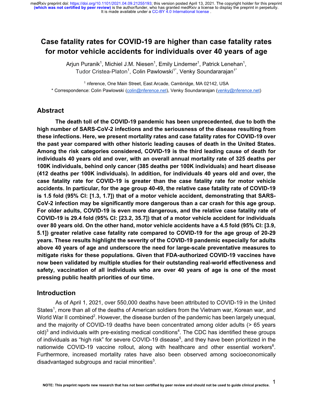 Case Fatality Rates for COVID-19 Are Higher Than Case Fatality Rates for Motor Vehicle Accidents for Individuals Over 40 Years of Age