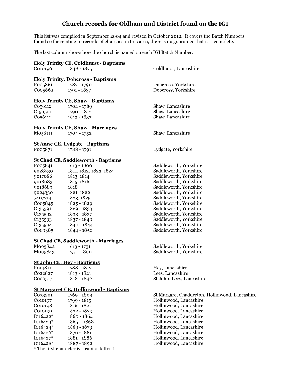 Church Records for Oldham and District Found on the IGI