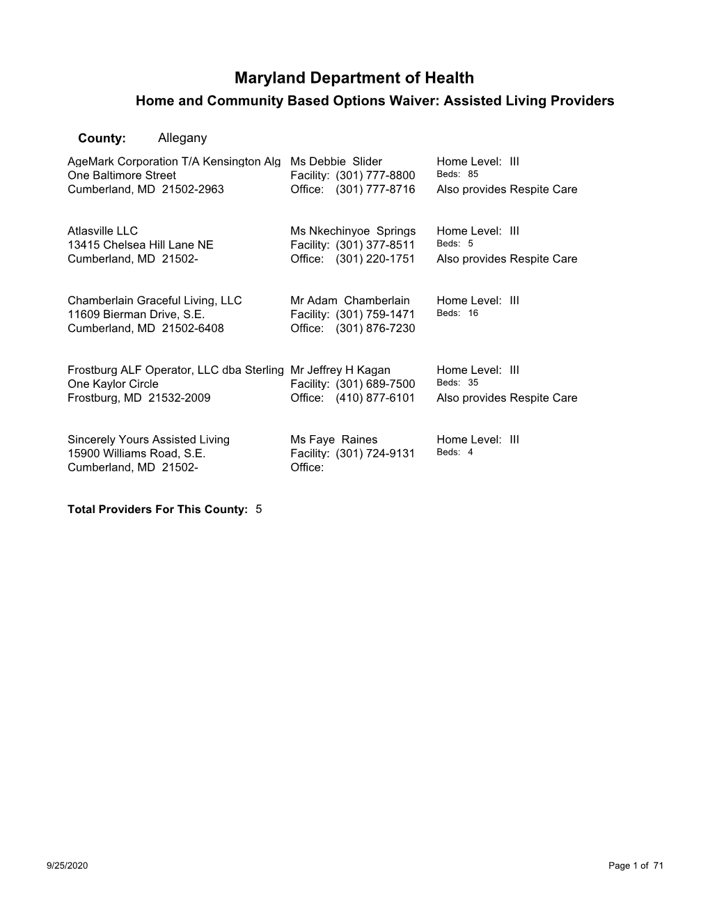 Maryland Department of Health Home and Community Based Options Waiver: Assisted Living Providers