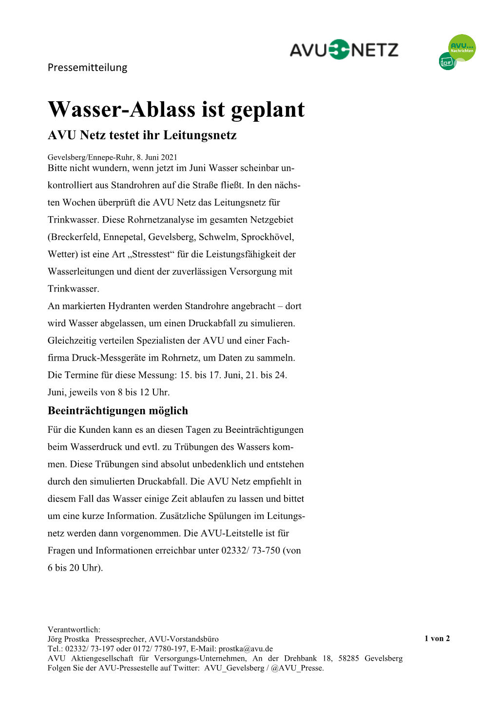 Wasser-Ablass Ist Geplant AVU Netz Testet Ihr Leitungsnetz