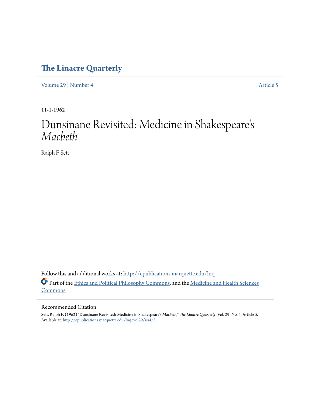 Dunsinane Revisited: Medicine in Shakespeare's Macbeth Ralph F