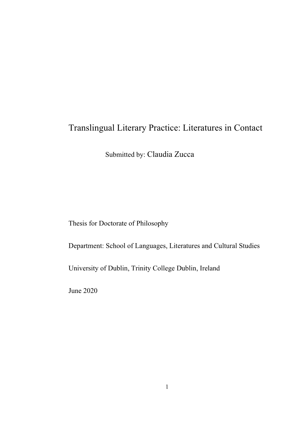 Translingual Literary Practice: Literatures in Contact