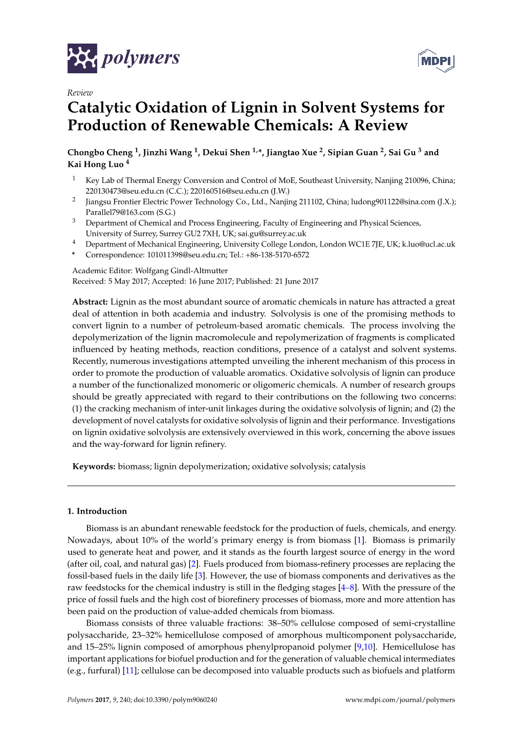 Catalytic Oxidation of Lignin in Solvent Systems for Production of Renewable Chemicals: a Review