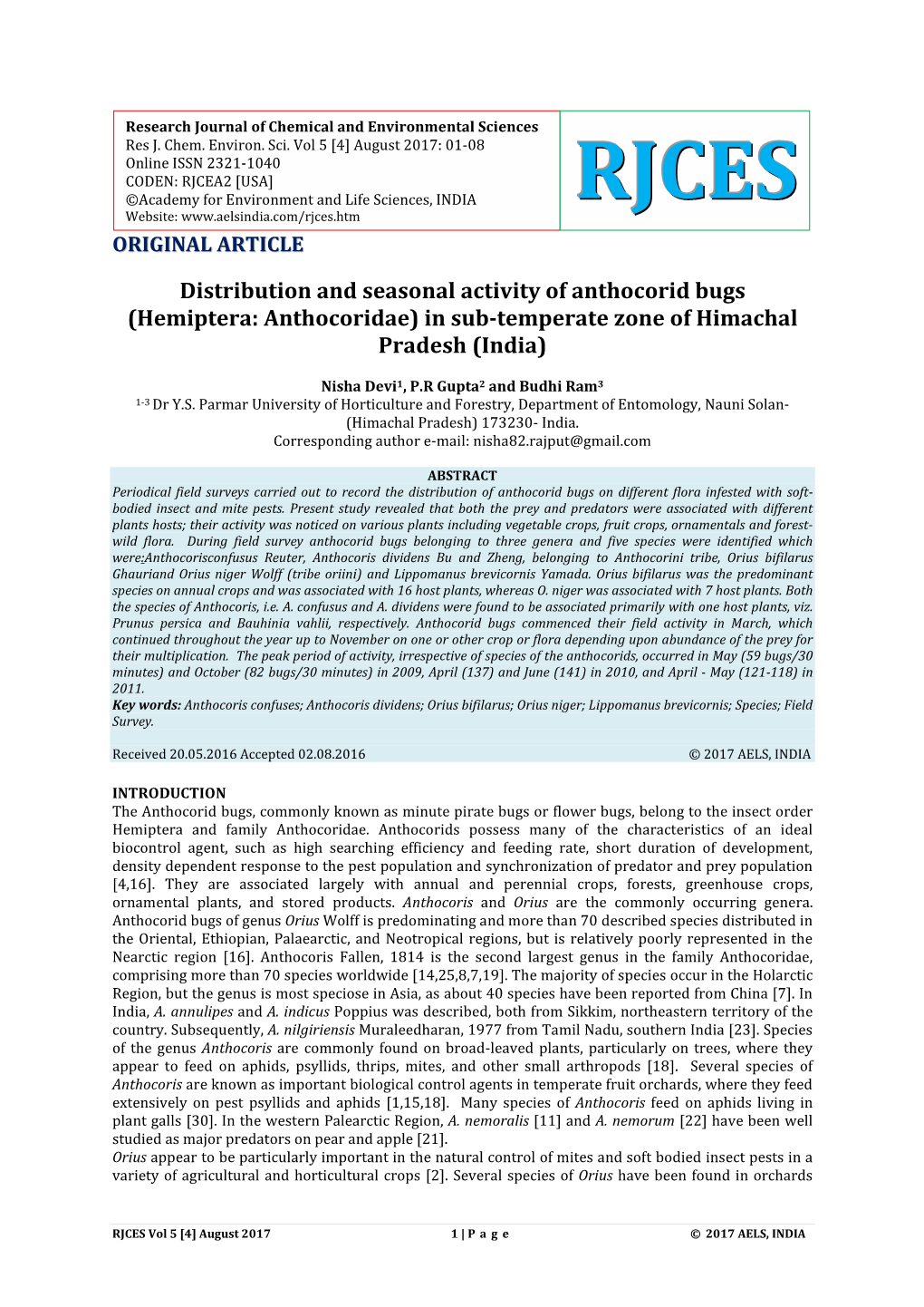 Hemiptera: Anthocoridae) in Sub-Temperate Zone of Himachal Pradesh (India)