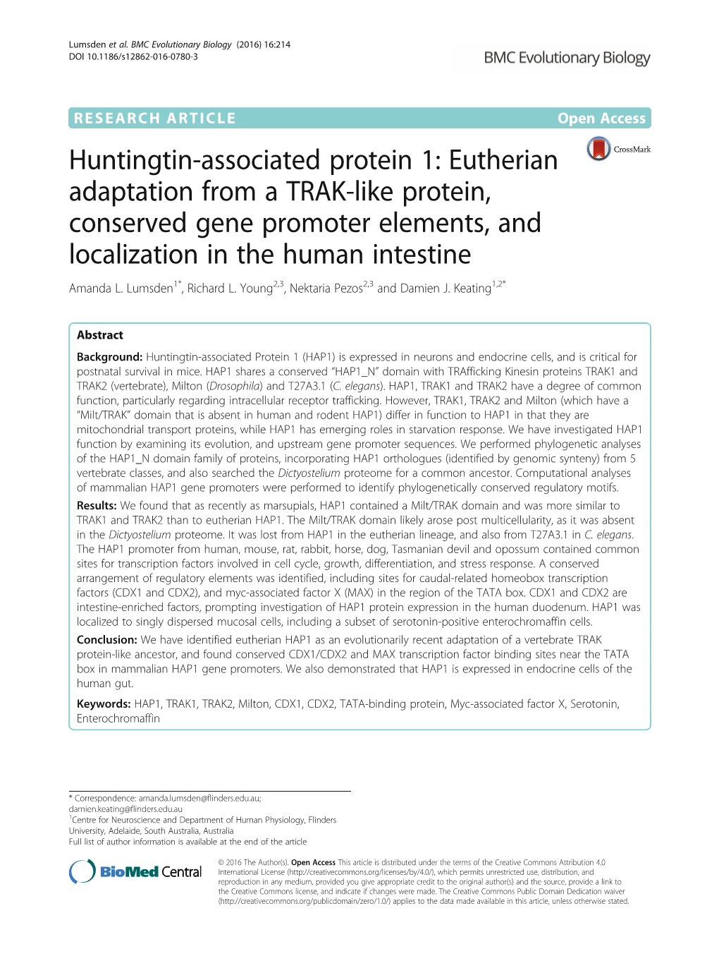 Eutherian Adaptation from a TRAK-Like Protein, Conserved Gene Promoter Elements, and Localization in the Human Intestine Amanda L